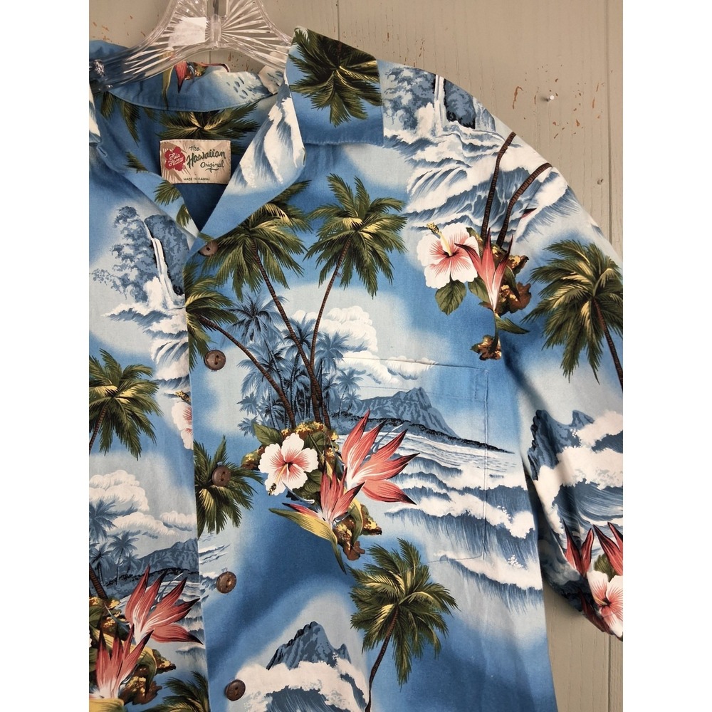 Hilo Hattie The Hawaiian Shirt Mens L Blue Palm Trees Hawaii Beach Crisp Vintage